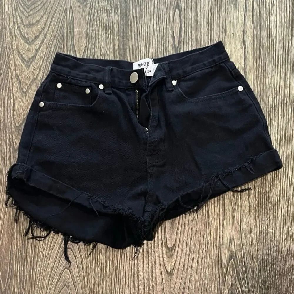 Princess Polly Cut-Off Shorts Raw Hem High Rise Denim Cotton Blend Black Size 4